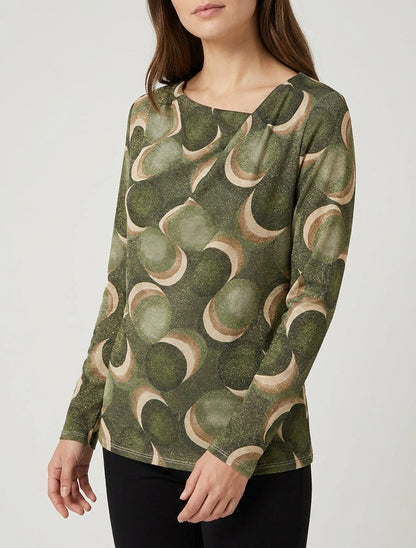 Top destro iridescente con stampa di cerchi fantasia. - Cachi