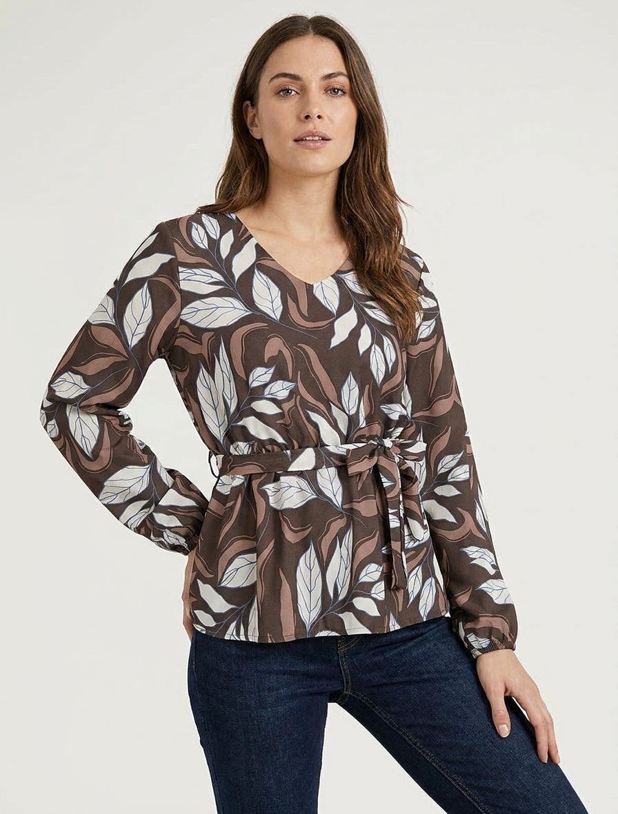 Blusa elasticizzata con stampa fogliame - Marrone