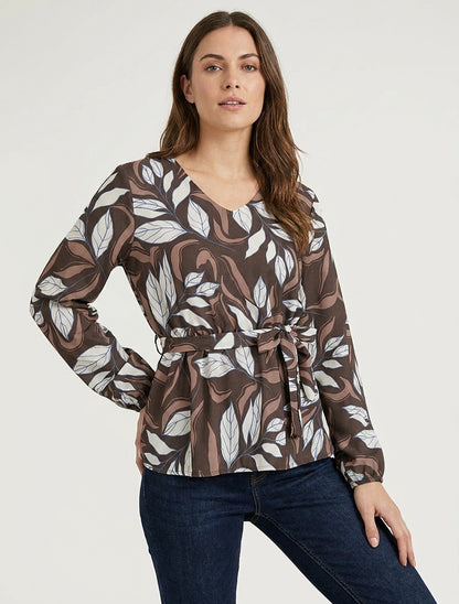Blusa elasticizzata con stampa fogliame - Marrone