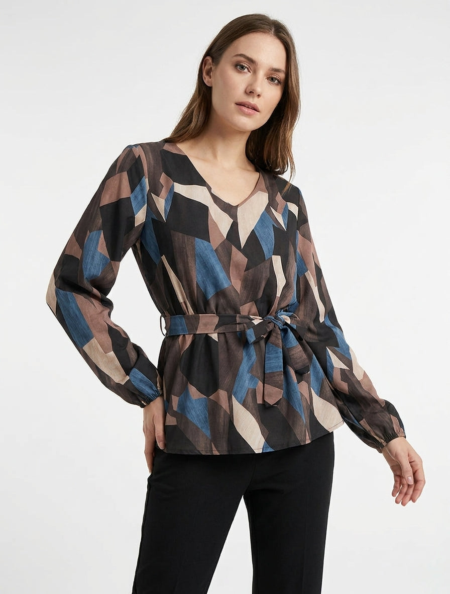 Blusa peplo a stampa astratta - Marrone