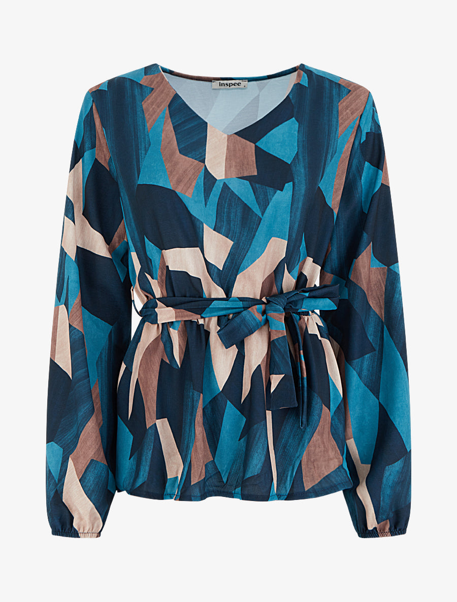 Blouse péplum à imprimé abstrait - Bleu canard - 1