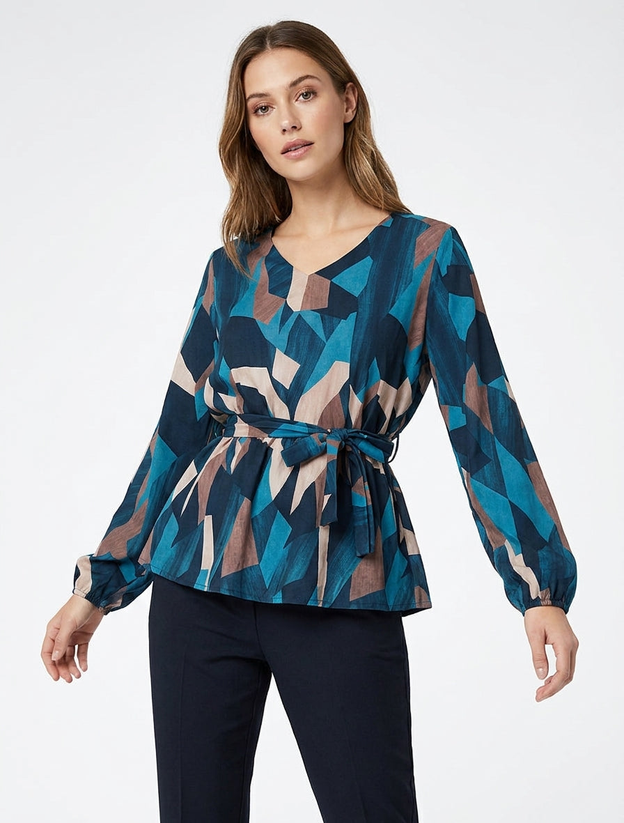 Blusa peplo a stampa astratta - Blu petrolio