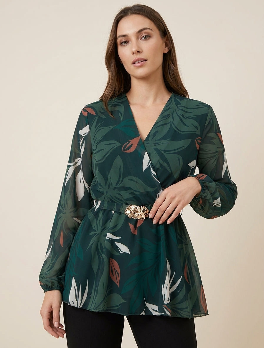 Top incrociato stampato fogliame con gioiello floreale - Verde scuro