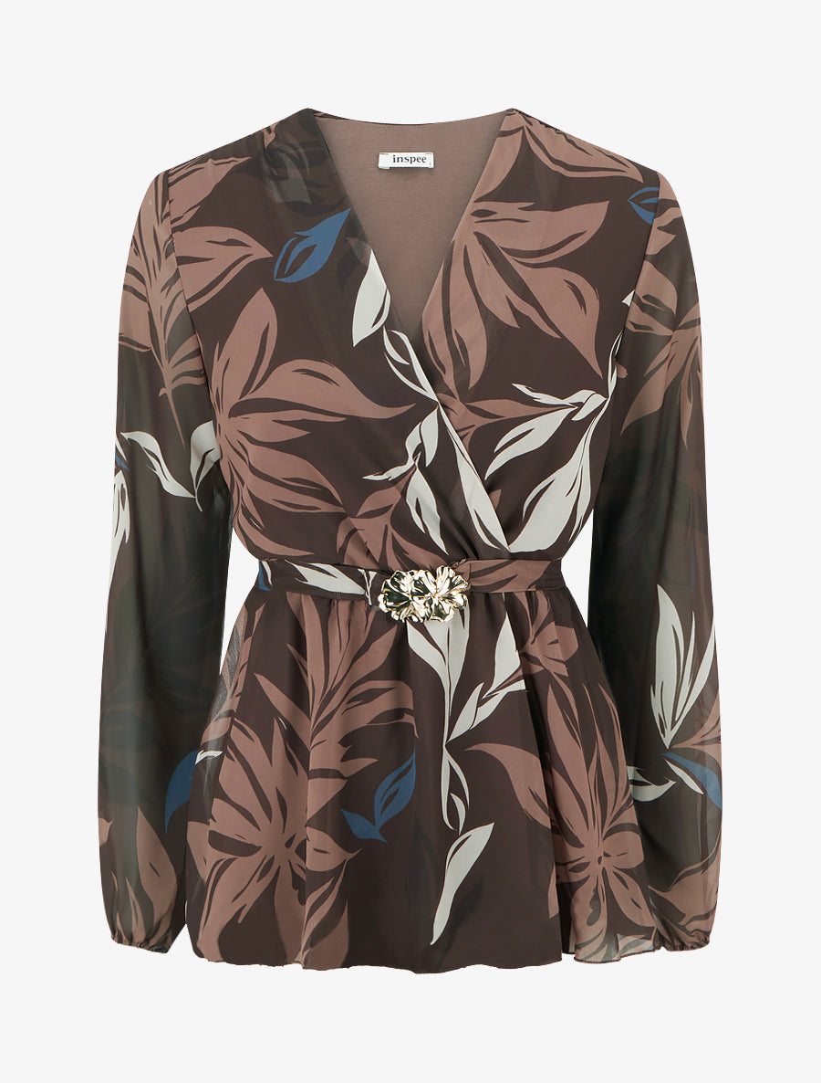 Top cache-coeur imprimé feuillage à bijou floral - Marron - 1
