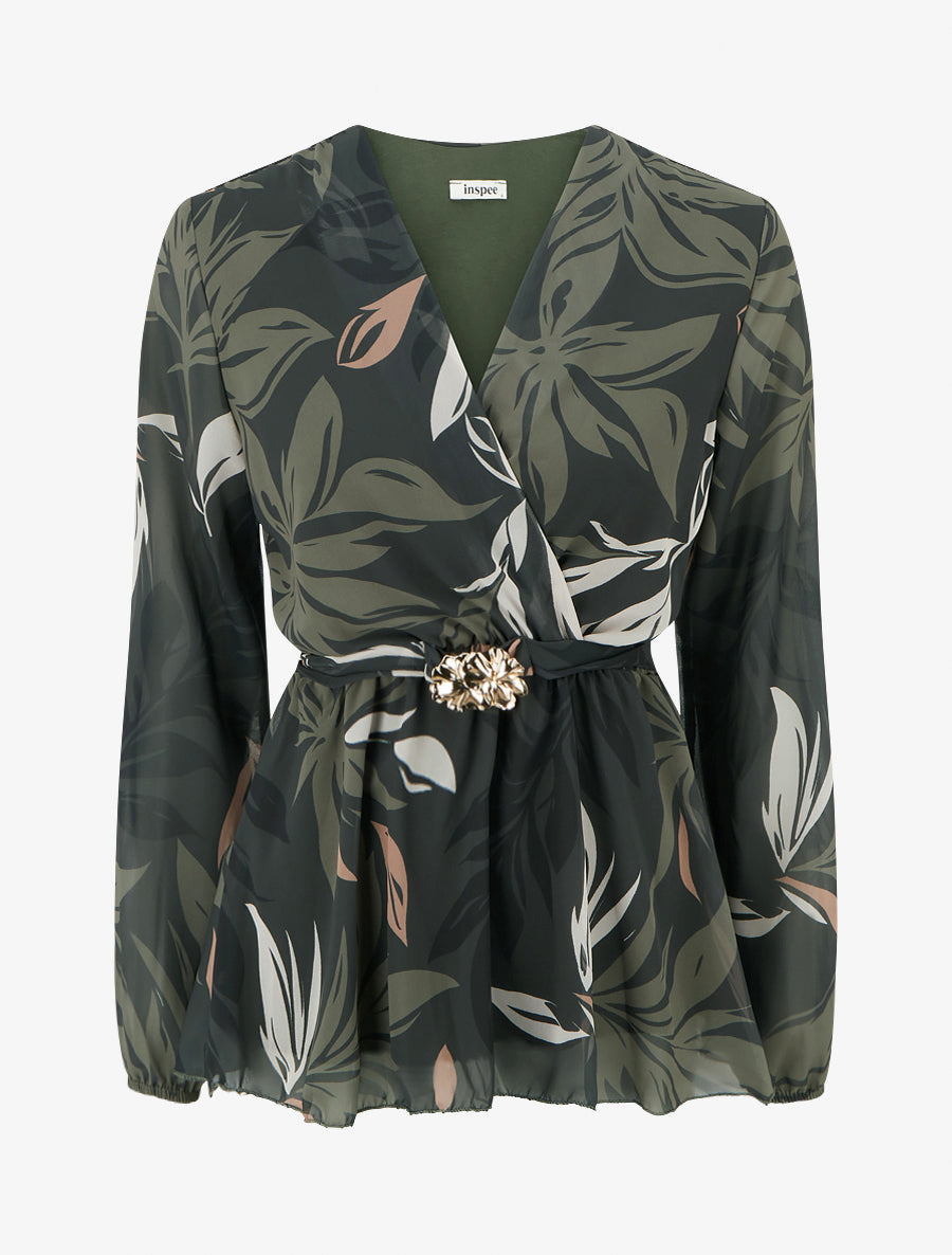 Top cache-coeur imprimé feuillage à bijou floral - Kaki - 1