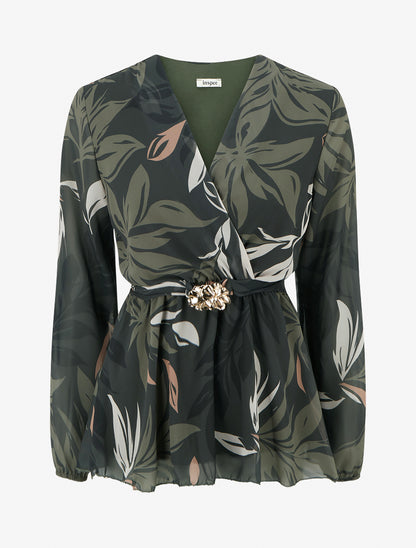 Top cache-coeur imprimé feuillage à bijou floral - Kaki - 1