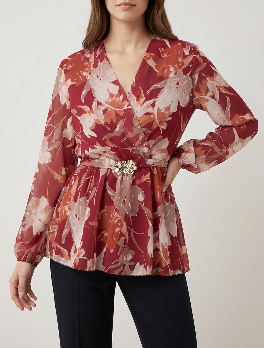 Top incrociato stampato con fiori astratti e gioiello floreale - Rosso