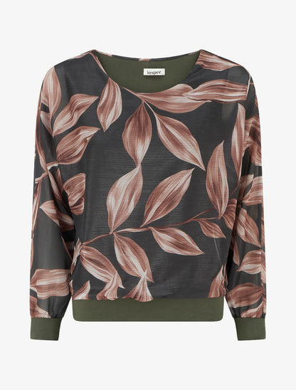 Blouse imprimé feuillage à détail irisé - Kaki foncé - 1