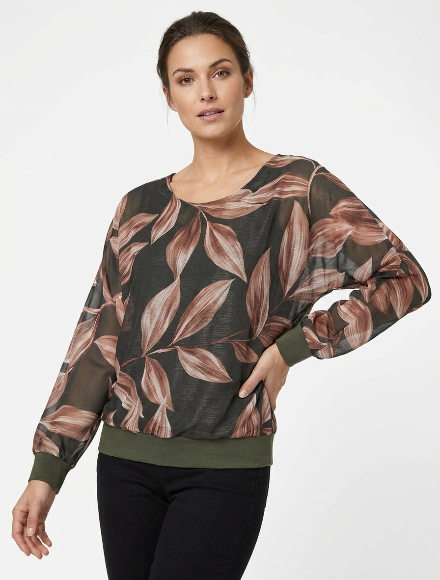 Blusa stampata con foglie e dettagli iridescenti - Kaki scuro