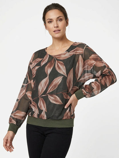 Blusa stampata con foglie e dettagli iridescenti - Kaki scuro