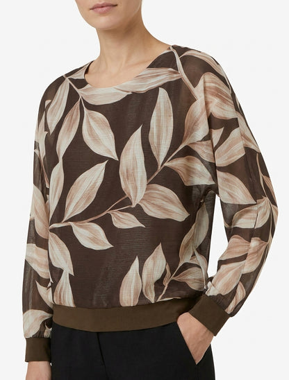 Blusa stampata con foglie e dettagli iridescenti - Marrone