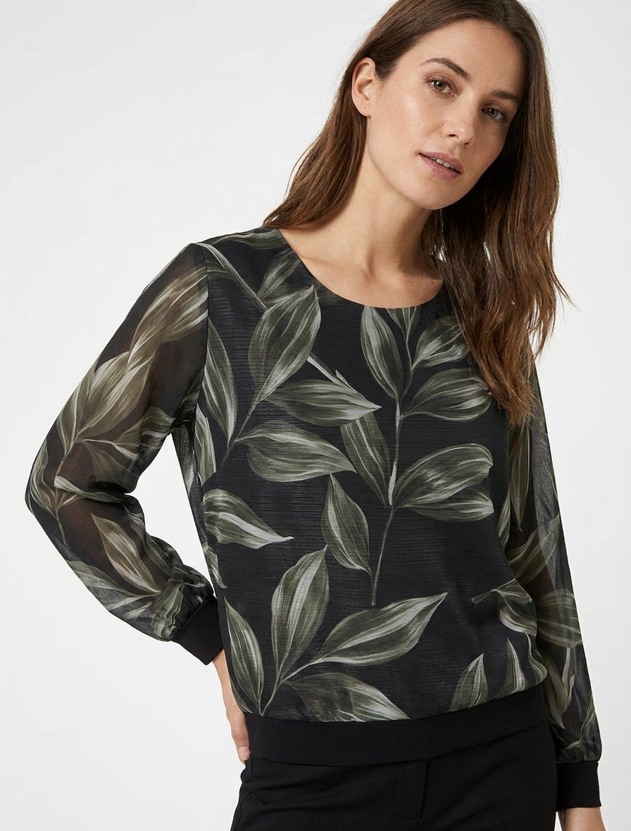 Blusa stampata con foglie e dettagli iridescenti - Nero