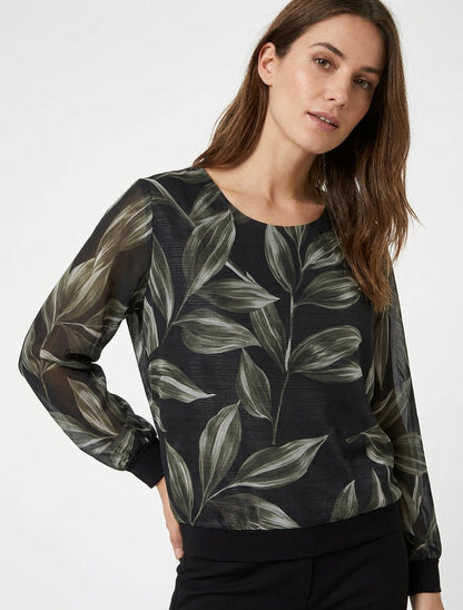 Blusa stampata con foglie e dettagli iridescenti - Nero