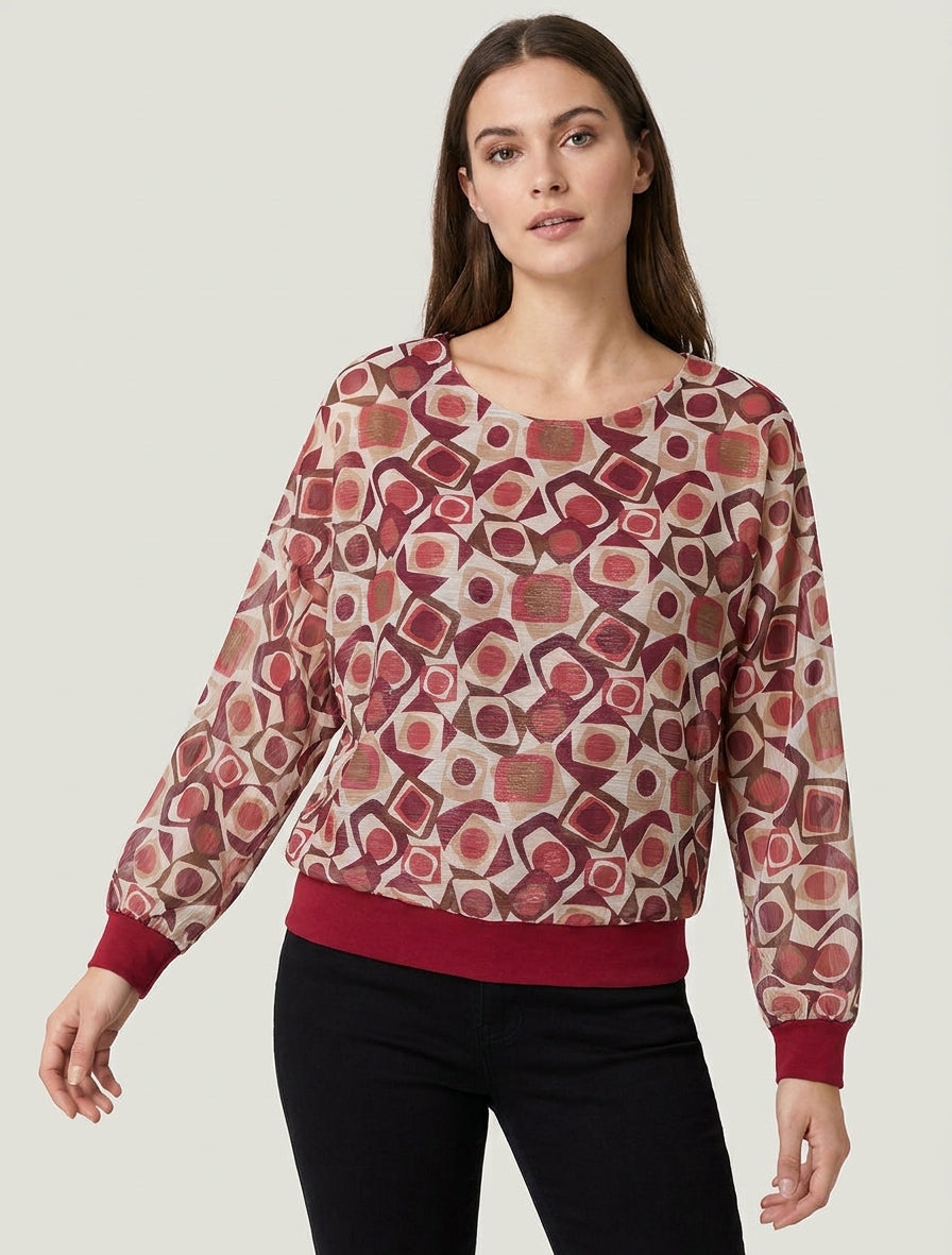 Blusa stampata retrò con dettaglio iridescente - Bordeaux