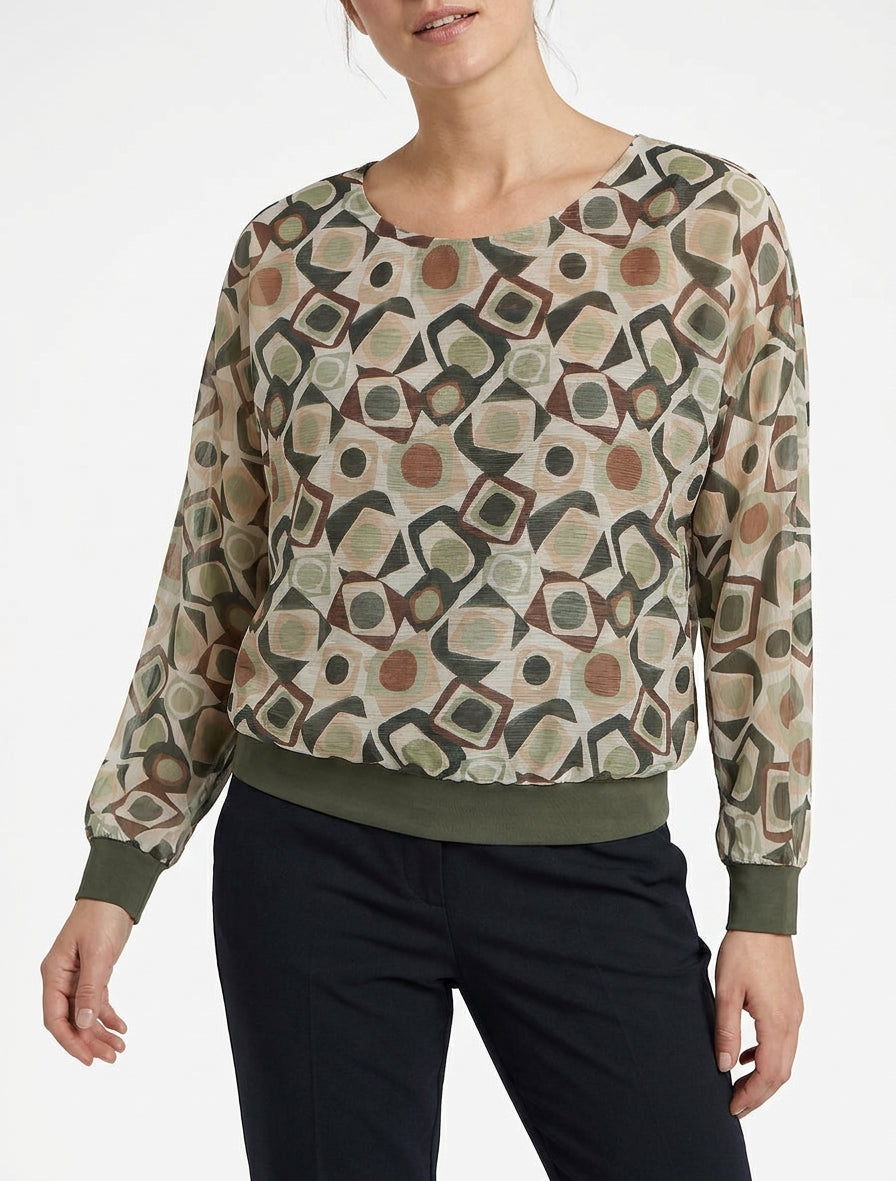 Blusa stampata retrò con dettaglio iridescente - Cachi