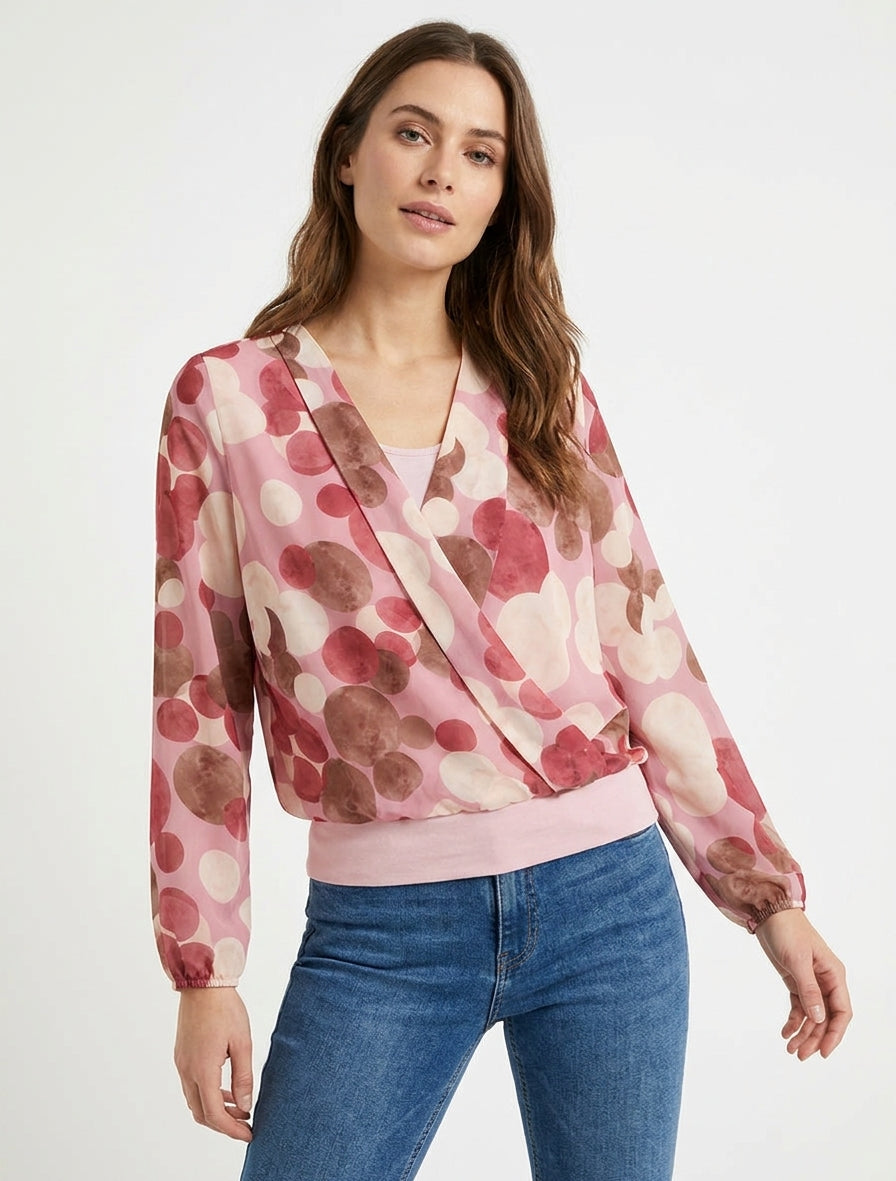 Top a destra stampato cerchi grafici con scollo a portafoglio - Rosa