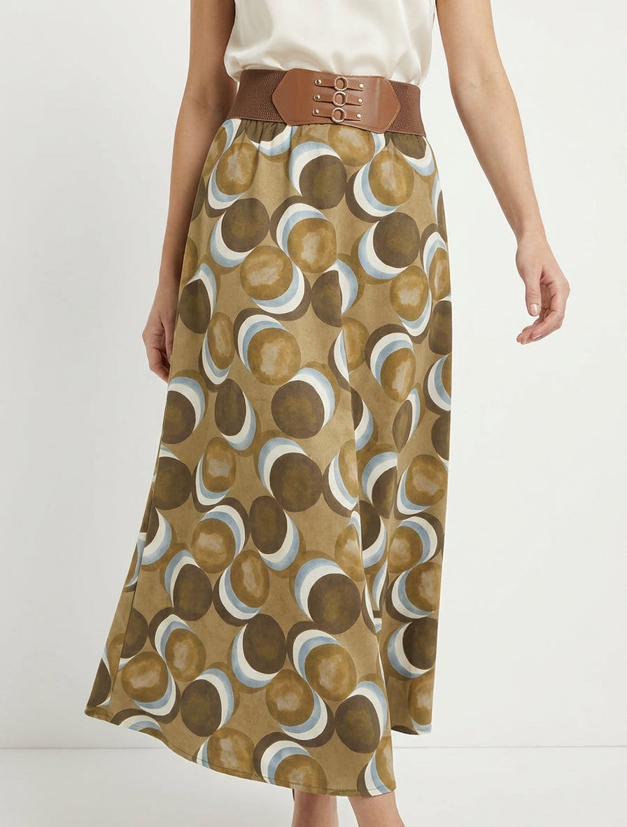 Gonna lunga in suedine stampata con fantasia a cerchi. - Beige chiaro