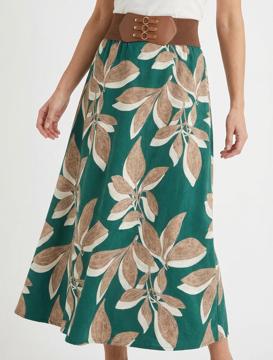 Gonna lunga in suede stampato a foglie - Verde scuro