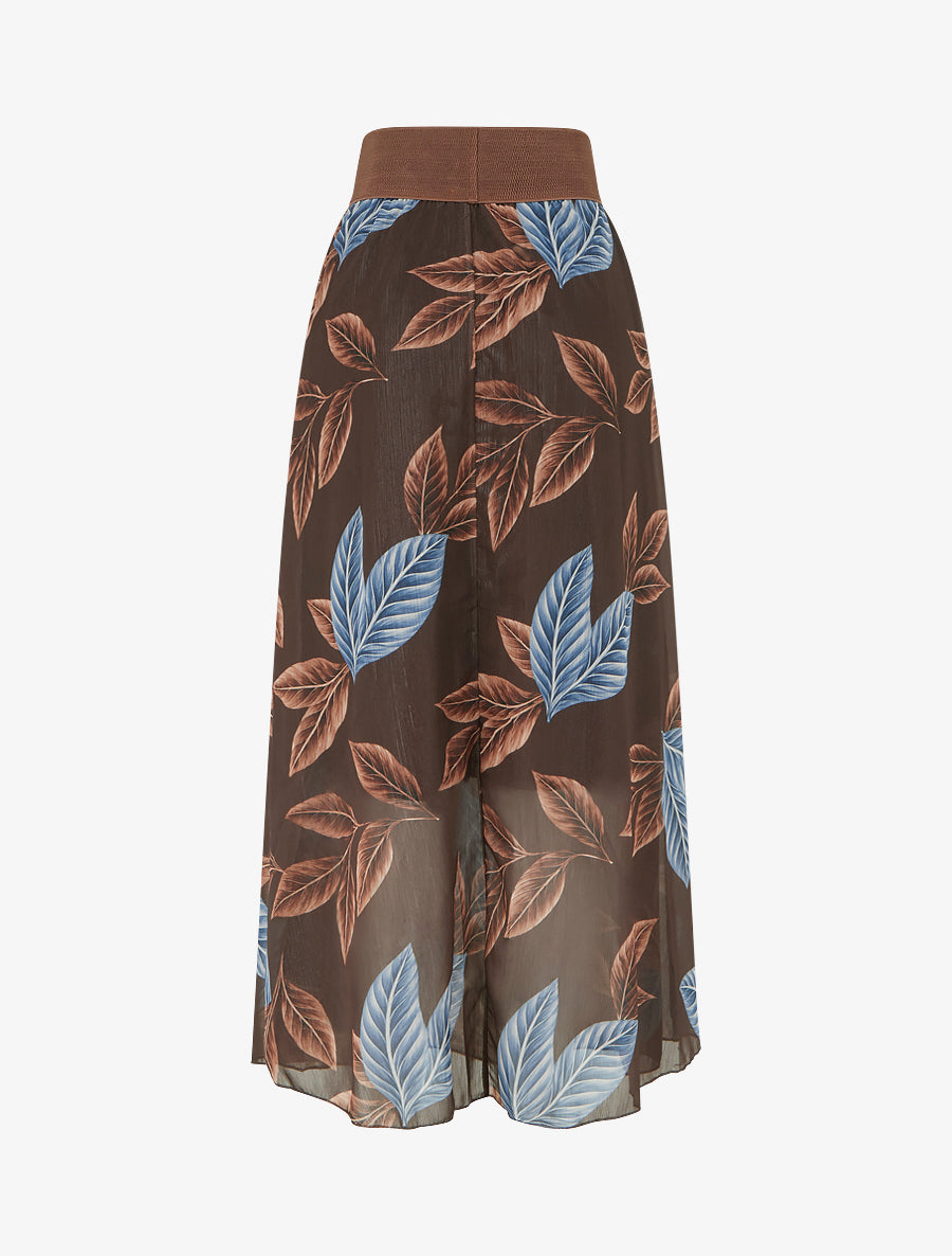 Jupe longue en voile irisé imprimé feuilles - Marron - 2
