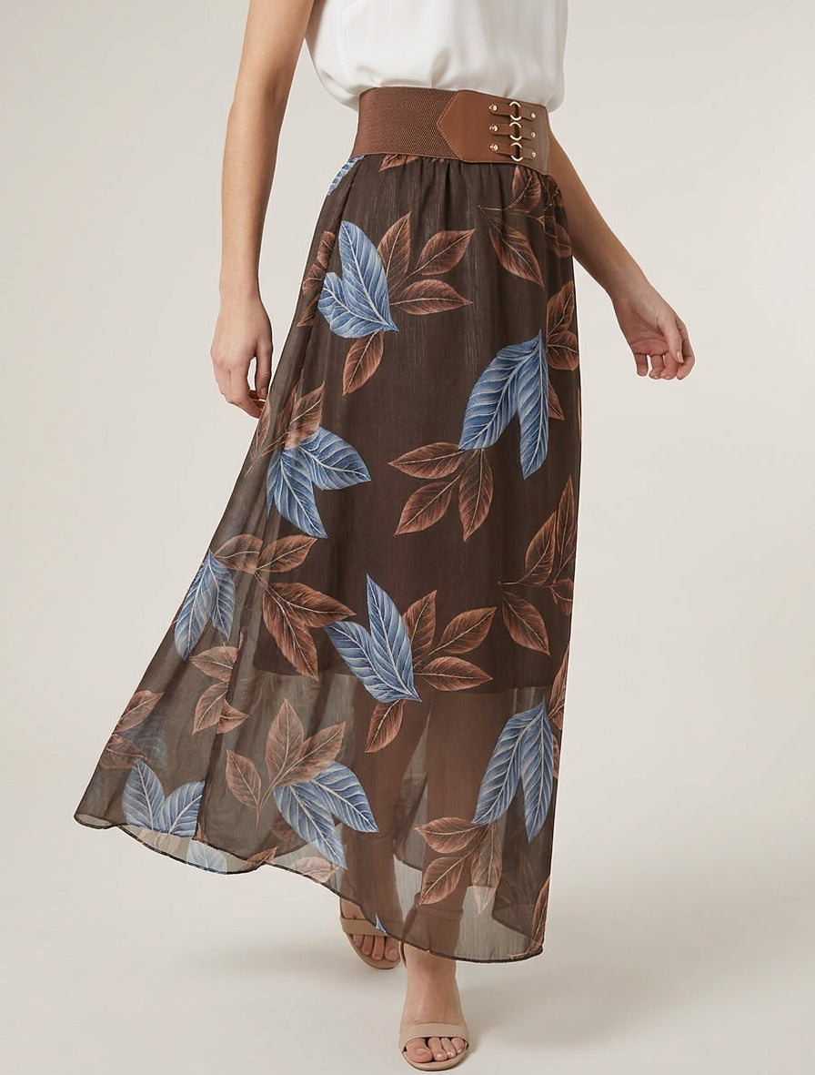 Gonna lunga in voile iridescente con stampa a foglie. - Marrone