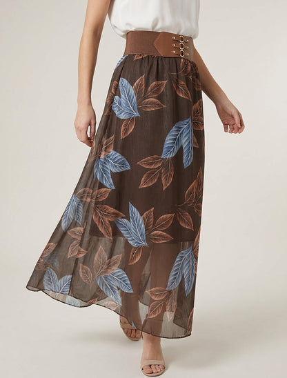 Gonna lunga in voile iridescente con stampa a foglie. - Marrone