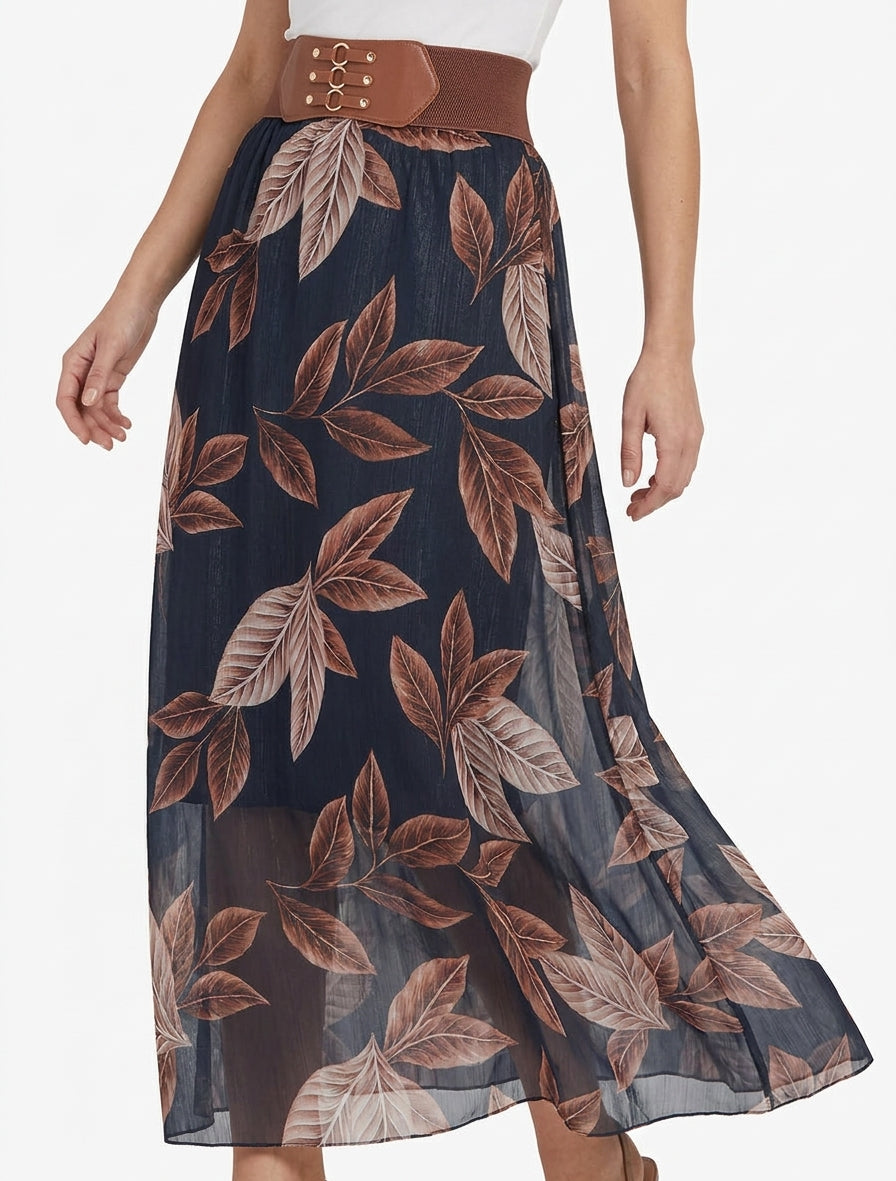 Gonna lunga in voile iridescente con stampa a foglie. - Blu notte