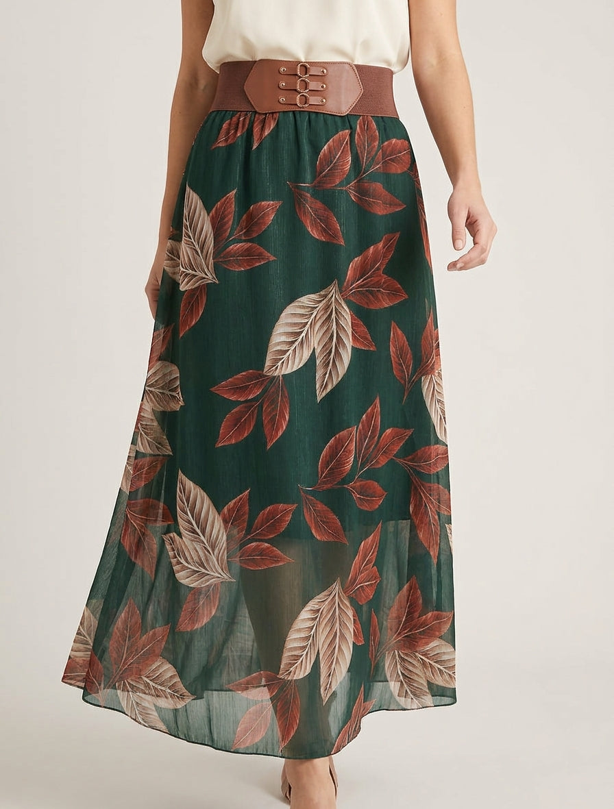 Gonna lunga in voile iridescente con stampa a foglie. - Verde scuro