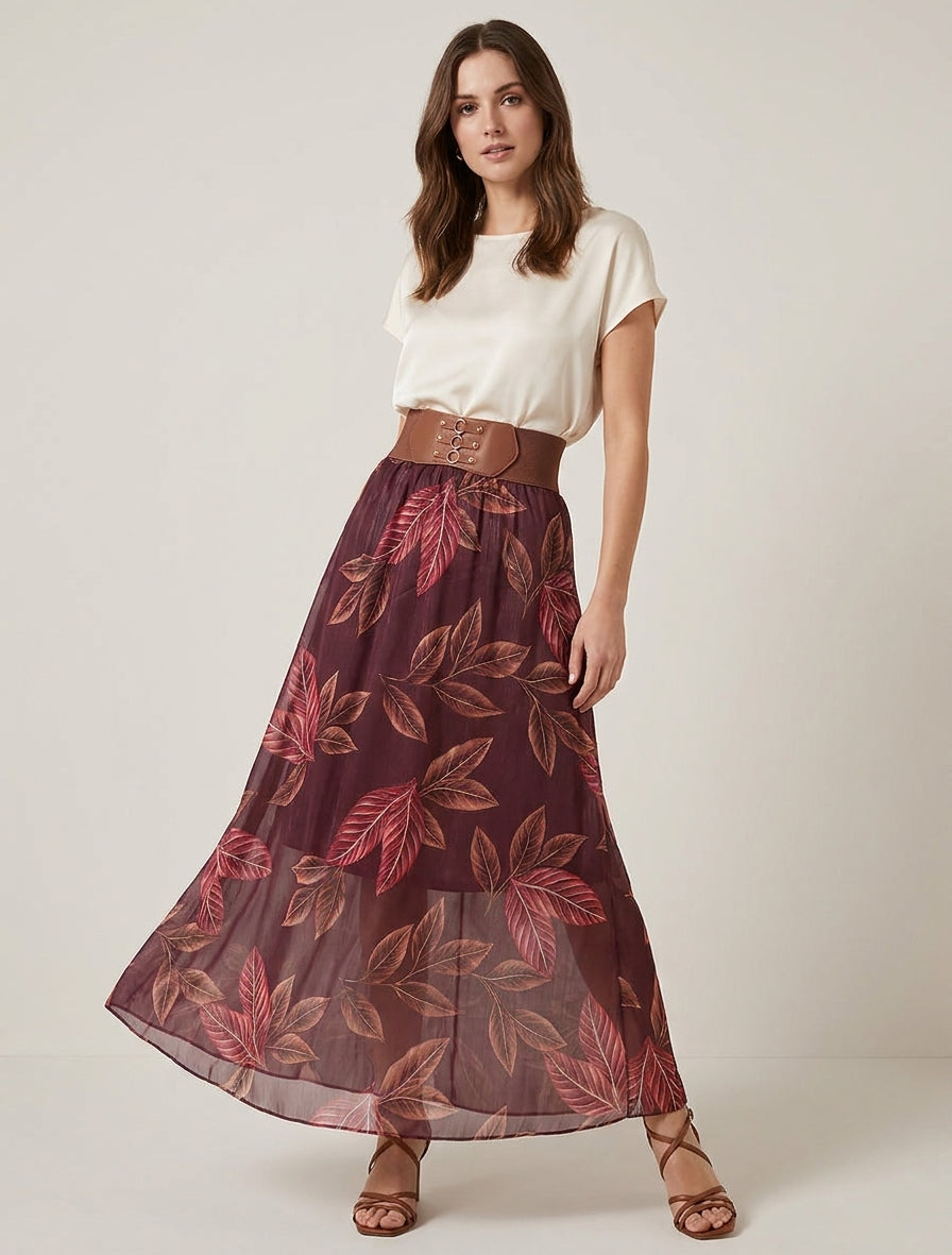 Gonna lunga in voile iridescente con stampa a foglie. - Prugna