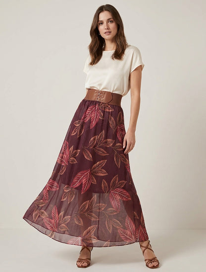 Gonna lunga in voile iridescente con stampa a foglie. - Prugna