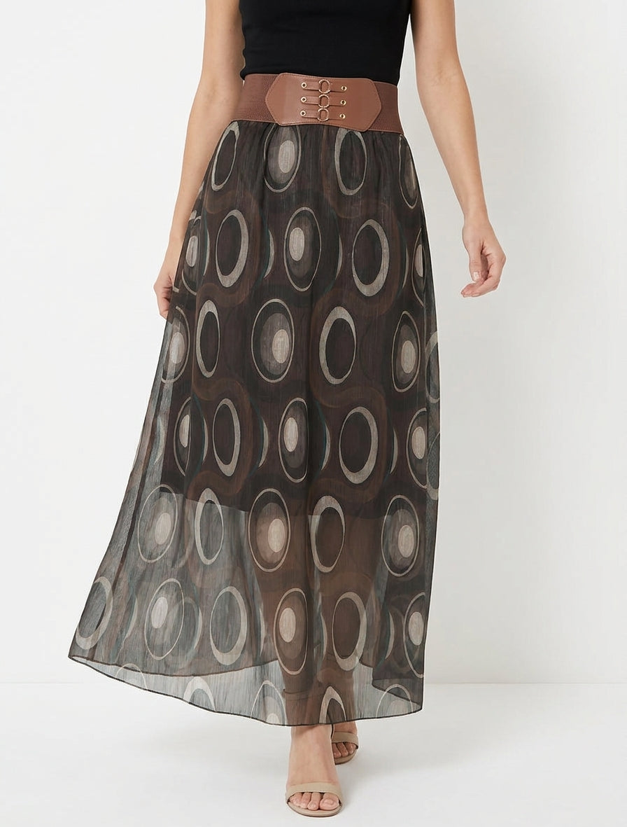 Gonna lunga in voile iridescente con stampa grafica - Marrone scuro