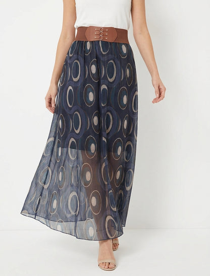 Gonna lunga in voile iridescente con stampa grafica - Blu notte