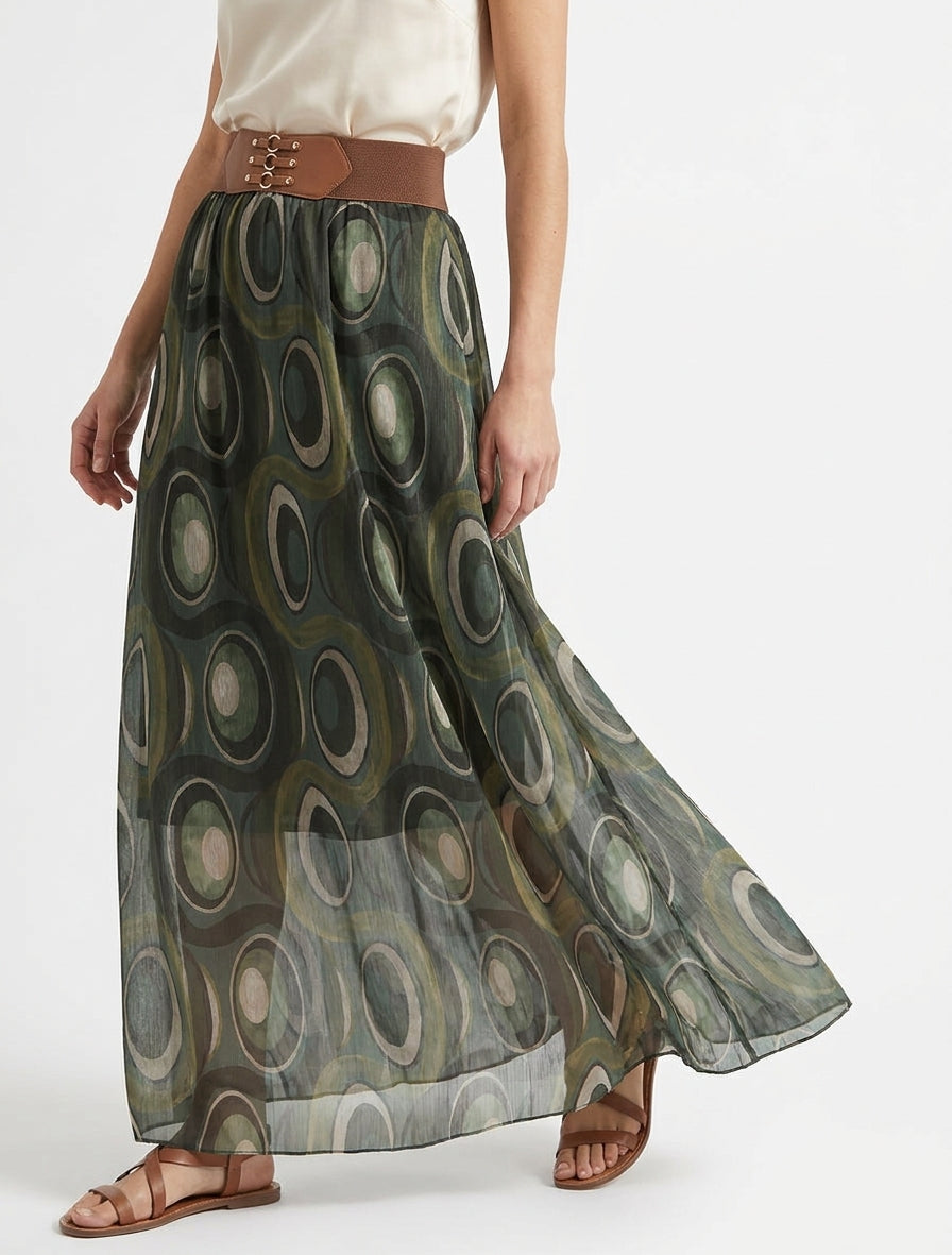Gonna lunga in voile iridescente con stampa grafica - Cachi