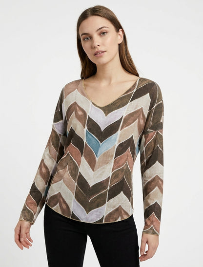 Maglione sottile stampato a fantasia chevron - Marrone