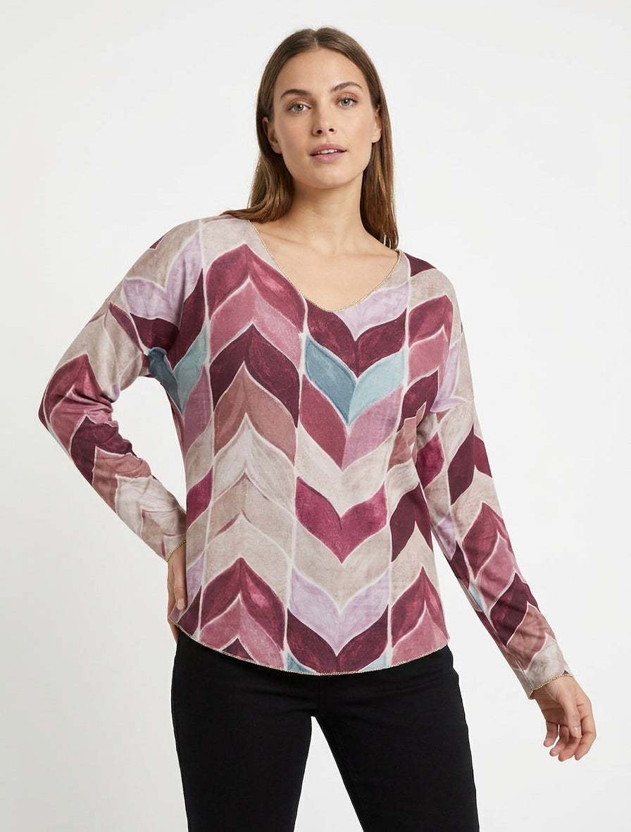Maglione sottile stampato a fantasia chevron - Prugna