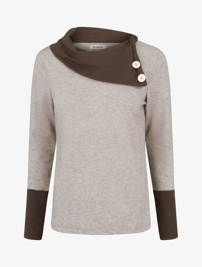 Pull fin bicolore à col drapé asymétrique - Taupe/marron - 1