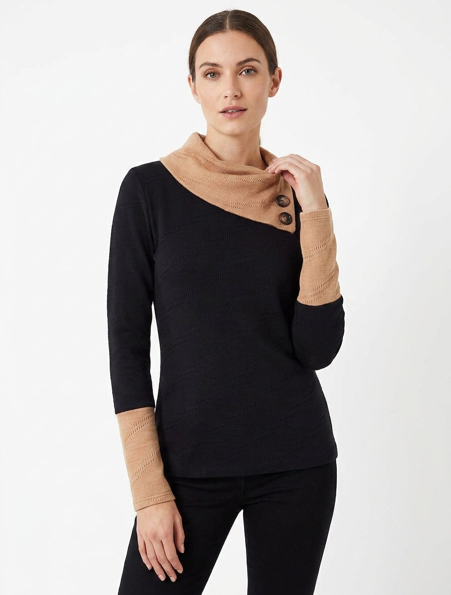 Maglione testurizzato con collo fantasia abbottonato. - Nero