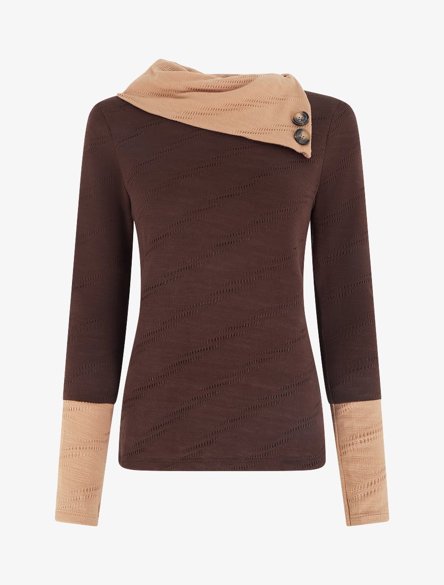 Pull texturé à col fantaisie boutonné - Marron - 1