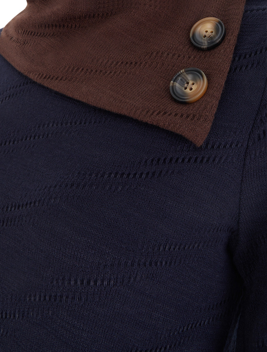 Pull texturé à col fantaisie boutonné - Marine - 3
