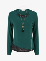 Pull fin à bords en dentelle et zip décoratif - Vert foncé - 1