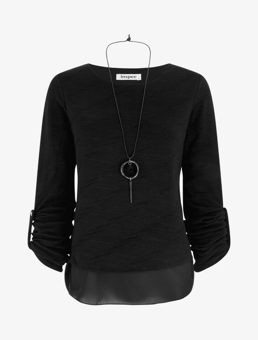 Pull texturé à col rond et doublure apparente - Noir - 1