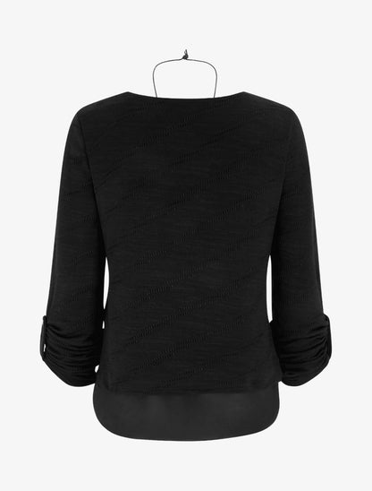 Pull texturé à col rond et doublure apparente - Noir - 2
