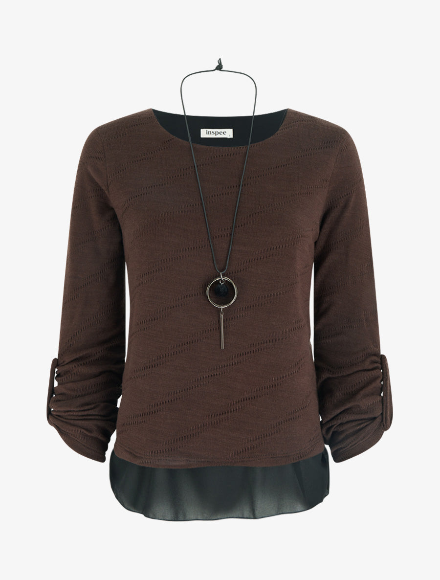 Pull texturé à col rond et doublure apparente - Marron - 1