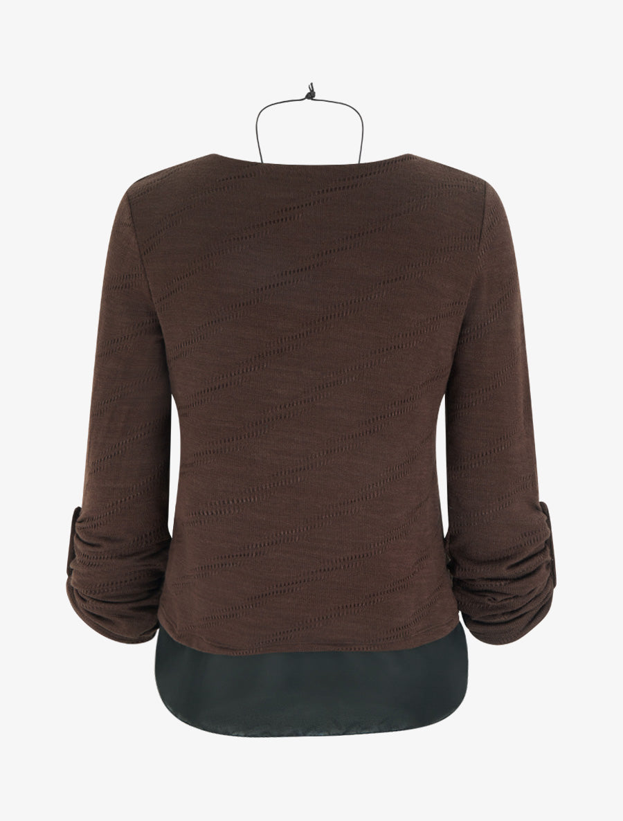Pull texturé à col rond et doublure apparente - Marron - 2