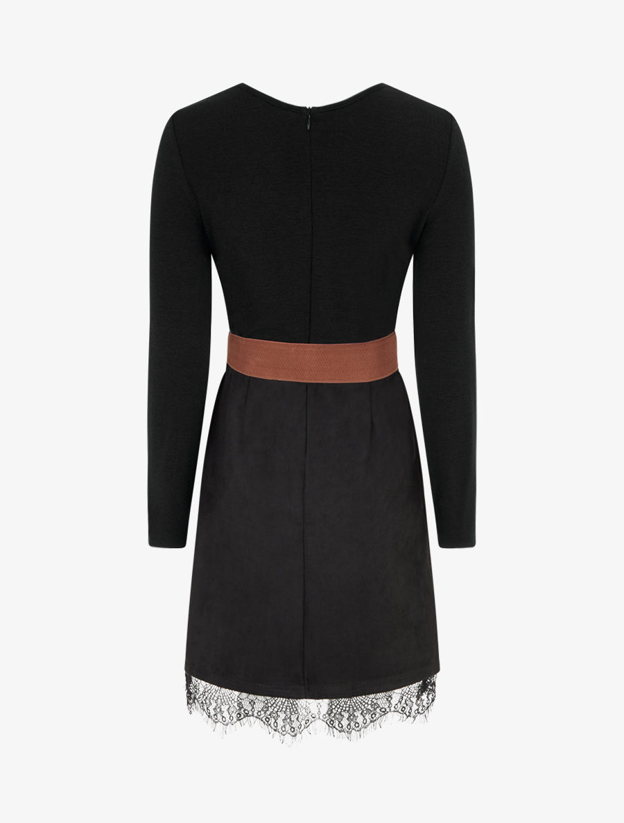 Robe droite en maille et suédine à bords en dentelle - Noir - 2