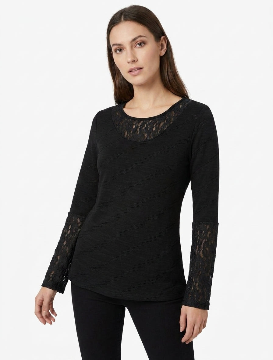 Maglione dritto con collo e maniche in pizzo. - Nero