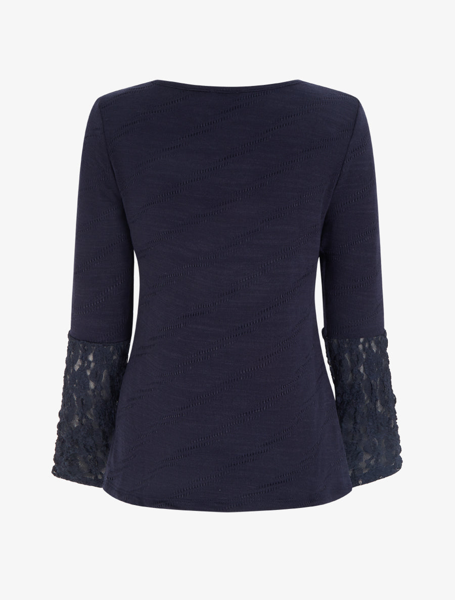 Pull droit à col et manches en dentelle - Marine - 2