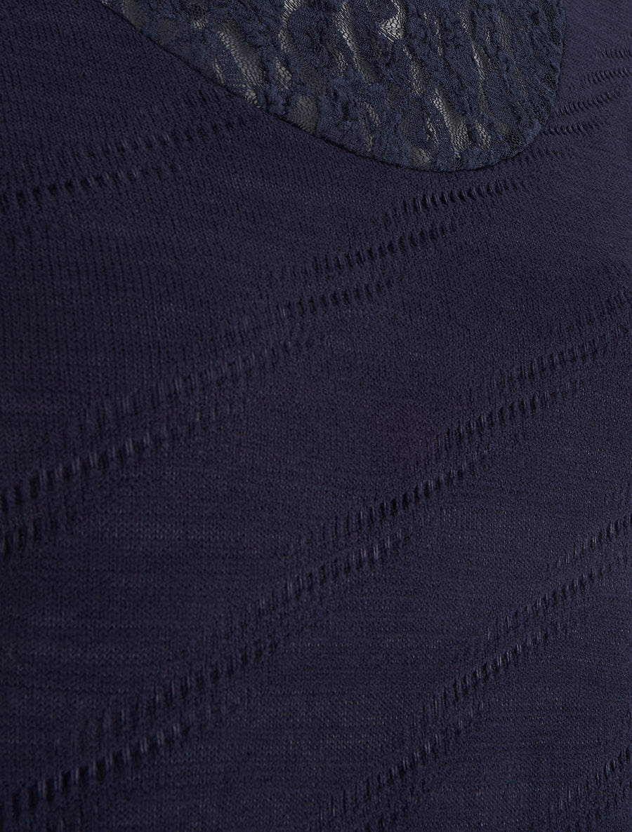 Pull droit à col et manches en dentelle - Marine - 3
