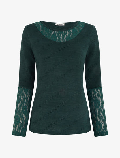 Pull droit à col et manches en dentelle - Vert foncé - 1