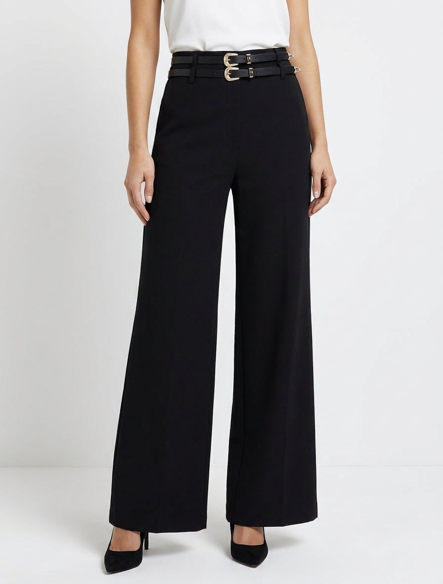 Pantaloni ampi a vita alta con doppie cinture - Nero
