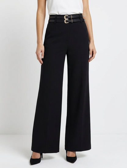 Pantaloni ampi a vita alta con doppie cinture - Nero